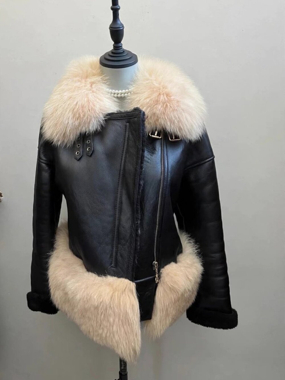 Black Genuine Sheepskin Shearling Aviator Jacket Fur Collar M